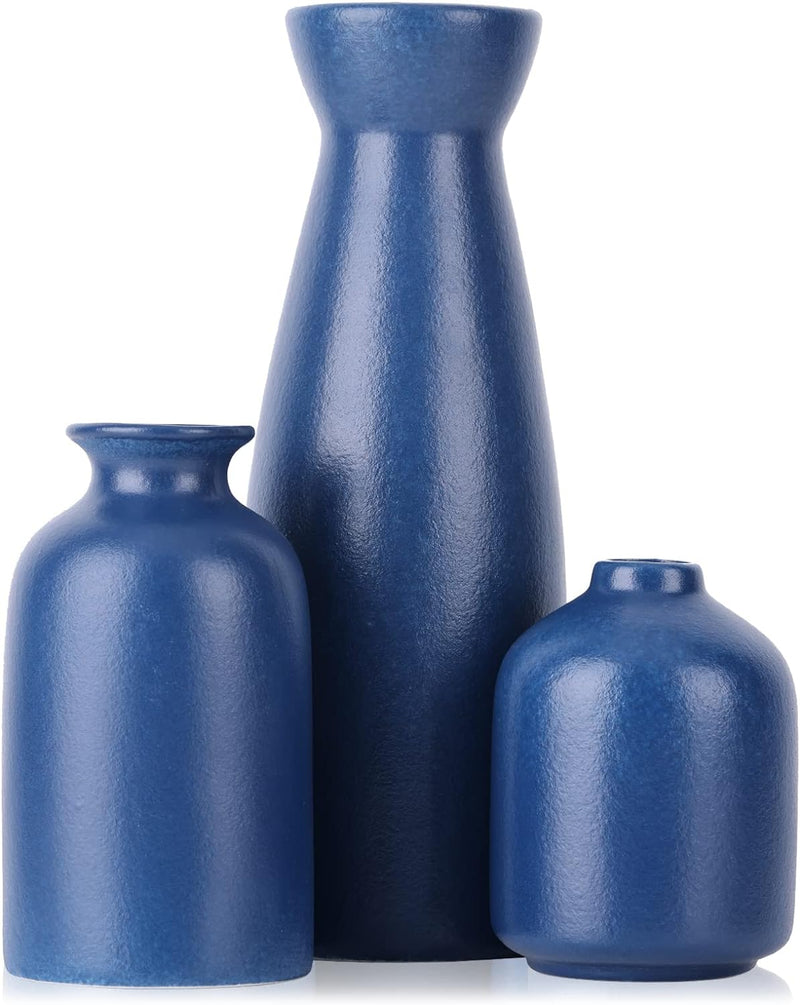 Blaues Keramikvasen-Set – 3 marineblaue Vasen, landhausblaue Vasen als Heimdekoration, Wohnzimmerdek