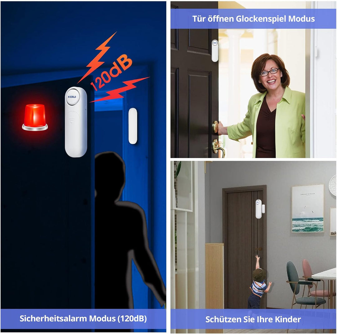 Türalarm, Fensteralarm 120dB Kabellos Tür Fensterkontakt Sensor Alarm mit Fernbedienung 3 Modi Türal