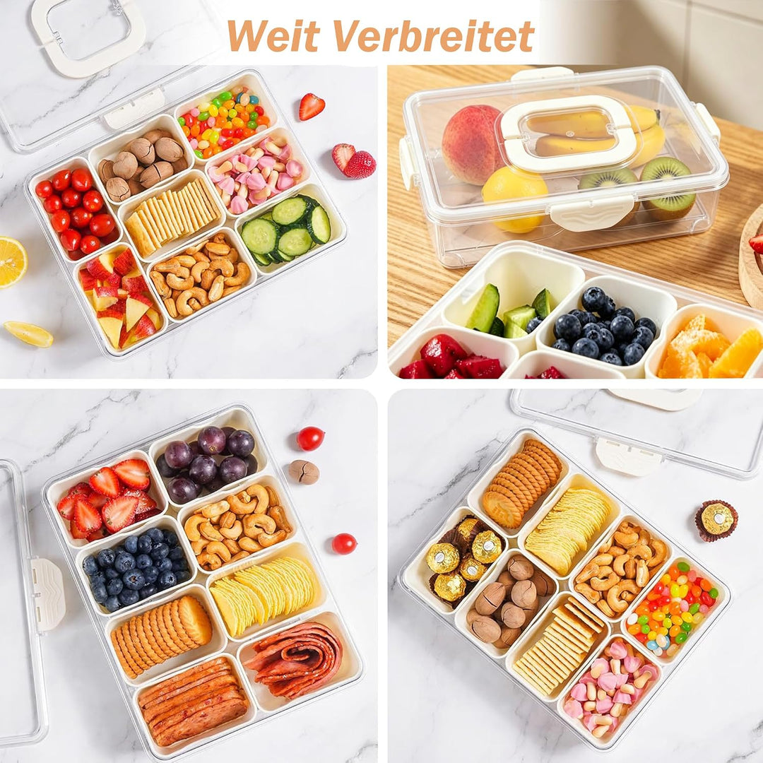 Snackbox mit 8 Fächern, Snackteller mit Deckel und Griffen, Snackdose für Snacks kinder, Süssigkeite
