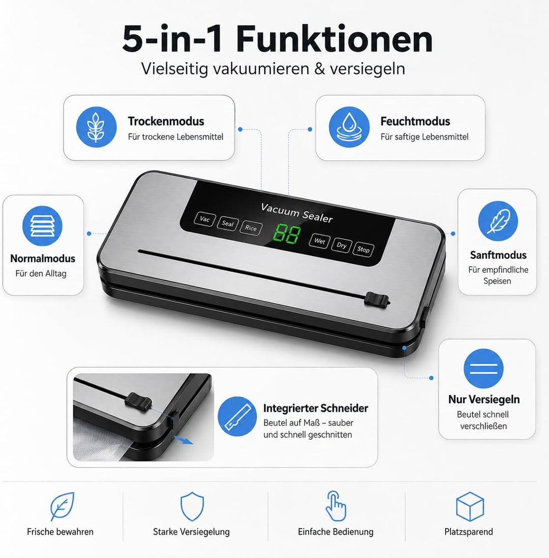 Vakuumiergerät mit 100 Vakuumbeuteln, Trocken- &amp; Nass-Modus
