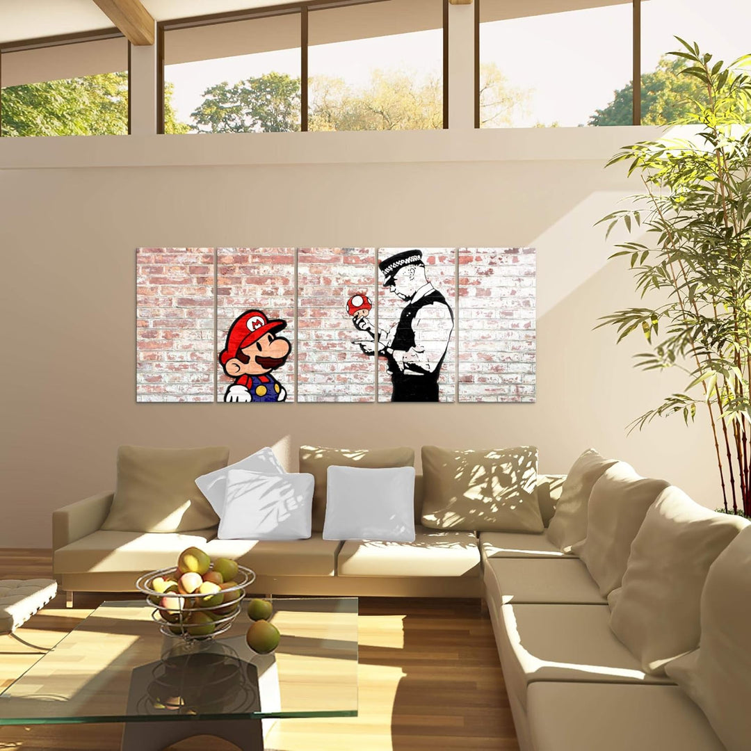 Runa Art Wandbild XXL Mario and Cop Banksy Jugendzimmer Wohnzimmer 200 x 80 cm Braun Bunt 5 Teilig -