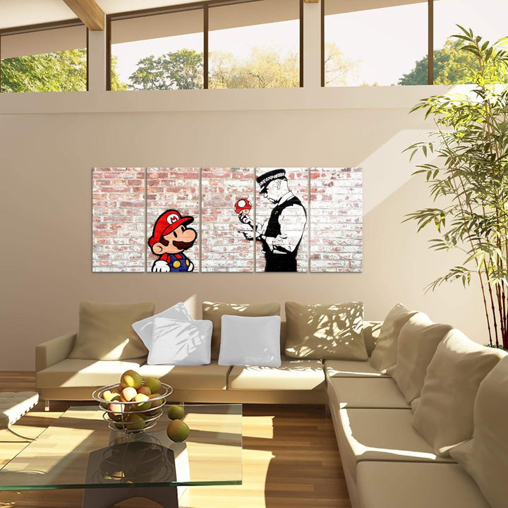 Runa Art Wandbild XXL Mario and Cop Banksy Jugendzimmer Wohnzimmer 200 x 80 cm Braun Bunt 5 Teilig -