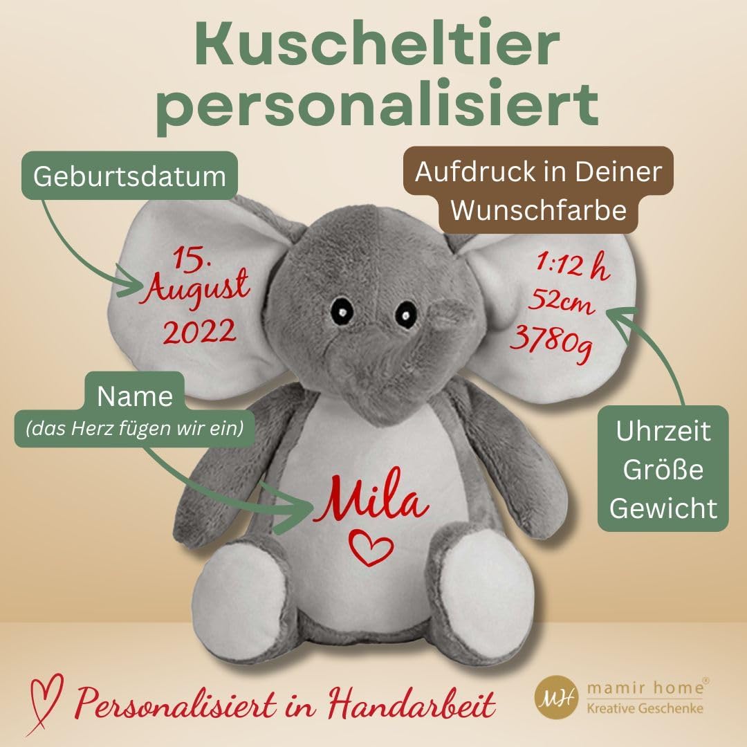 mamir home Elefant Baby Geschenk Kuscheltier personalisiert mit Name & Geburtsdaten I 28cm I Geschen