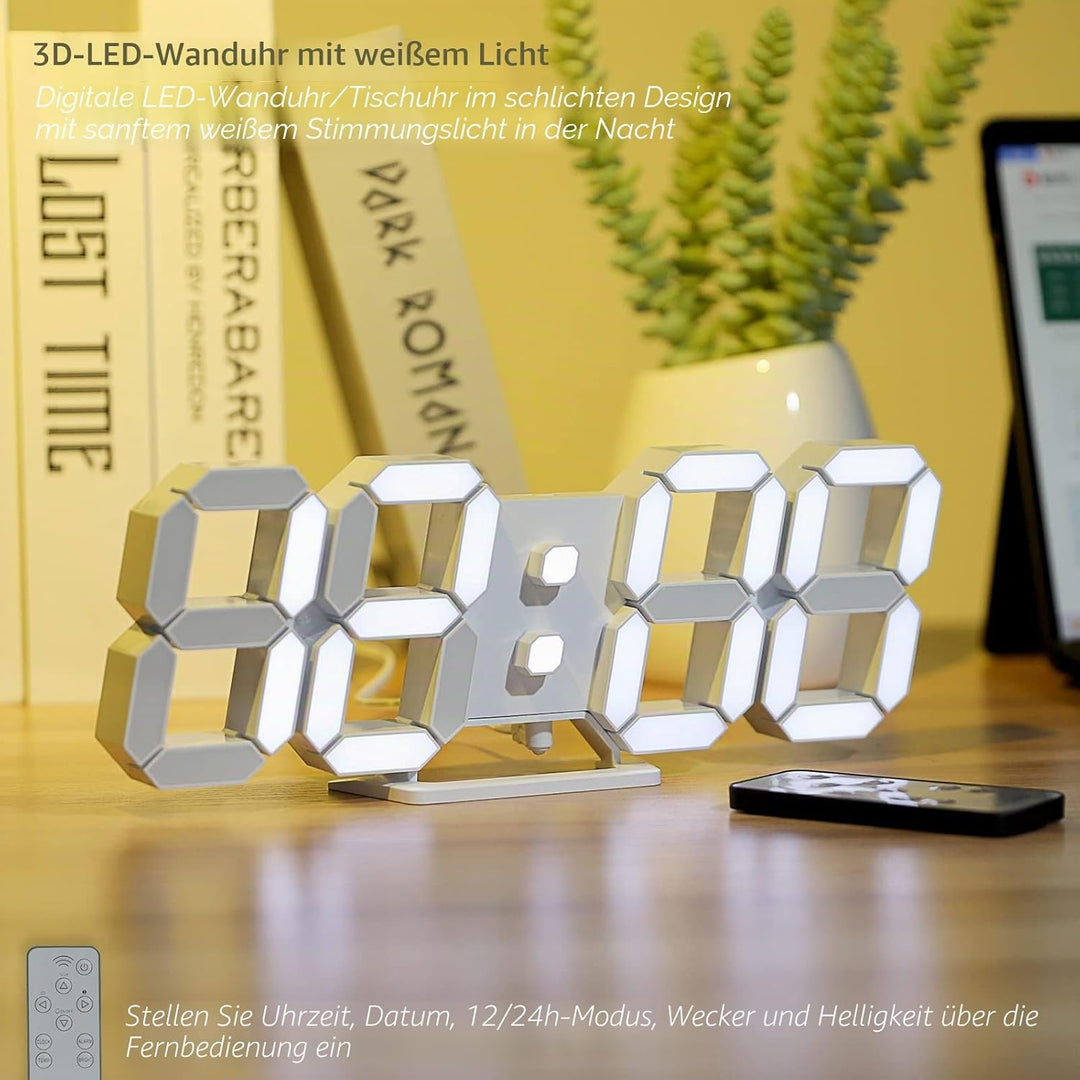 KOSUMOSU Digitaluhr 3D LED Wanduhr 9.7 Zoll, Tischuhr Grosses Display Digitale Wanduhr Schreibtischu