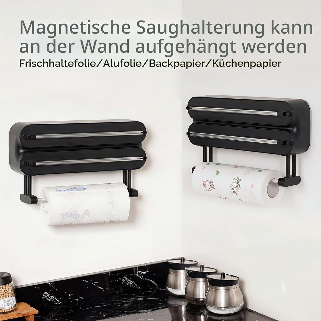 3 in 1 Frischhaltefolienspender mit Cutter, Küchenrollenhalterung mit Küchenrollenhalter, Alufoliens