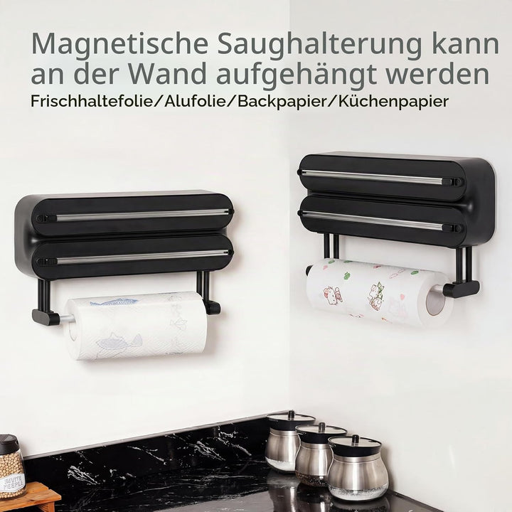 3 in 1 Frischhaltefolienspender mit Cutter, Küchenrollenhalterung mit Küchenrollenhalter, Alufoliens