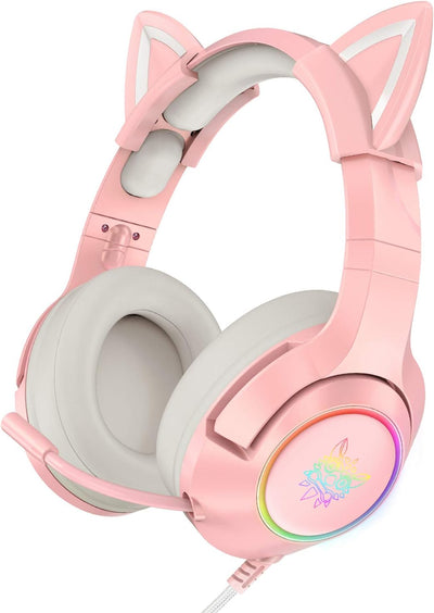 AJIJAR Rosa Gaming-Headset mit Mikrofon, Mädchen Frauen Katzenohren Kopfhörer 3,5mm Kompatibel mit P