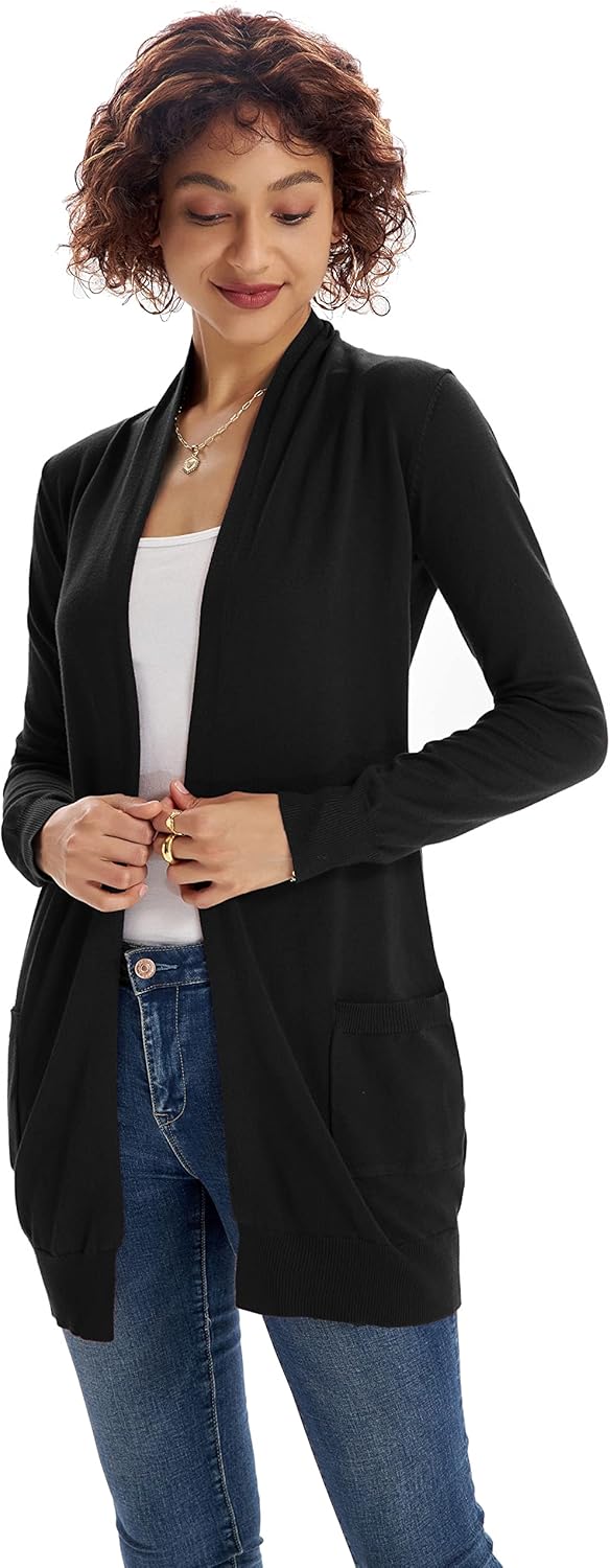 GRACE KARIN Damen Langarm Offene Strickjacke Lang Strickmantel Casual High Stretchy Cardigan mit Tas