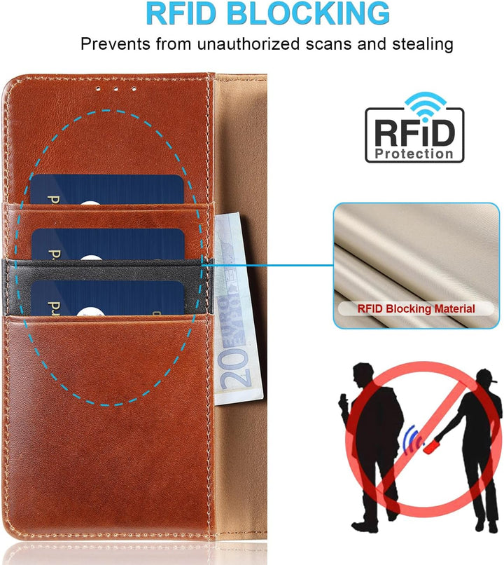 LENSUN Echtleder Hülle für iPhone 15 Pro Max, Handyhülle [Echtes Leder][Kartenfach][RFID Schutz] Han