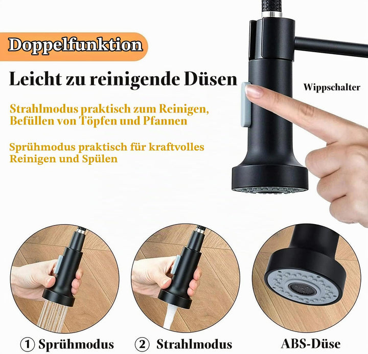 Wasserhahn Küche Hochdruck Küchenarmatur mit Brause Ausziehbar Schwarz Hoher Bogen Mischbatterie Küc