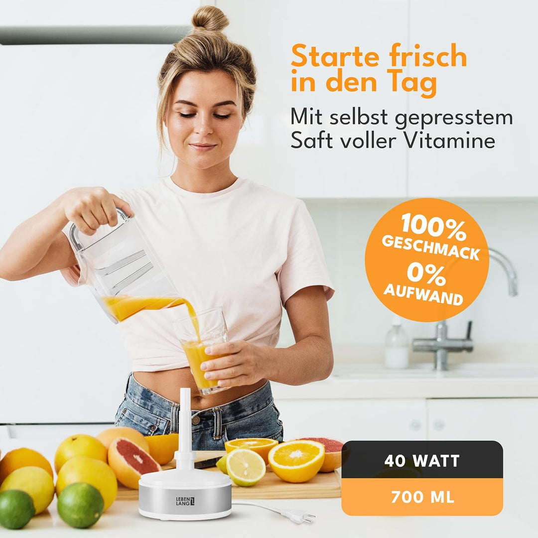 LEBENLANG Zitruspresse elektrisch - 2 Kegel &amp; BPA-Frei I Hohe Saftausbeute I 700ml Orangenpresse ele
