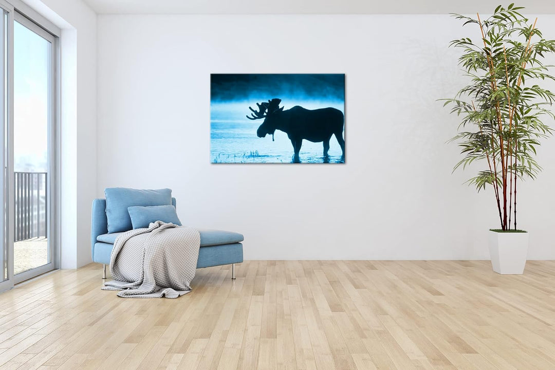 deyoli Elch Silhouette am Wasser Format 80x60 Effekt: Monocrome Blau als Leinwandbild, Motiv fertig