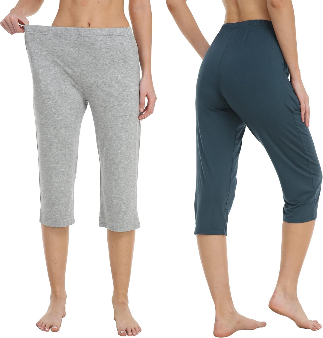 MoFiz Damen Schlafanzughose 3/4 Lang Schlafhose Modal Nachtwäsche Weich Pyjamahose Freizeithose mit