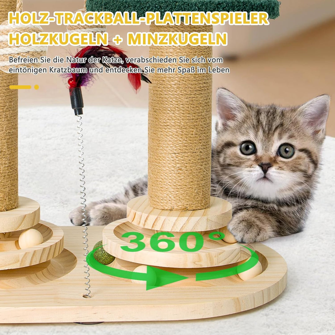 6 in 1 Interaktives Katzenspielzeug, Holz Katzenmöbel mit Hängenden Kugeln, Federn, Drehbar Smart Tr