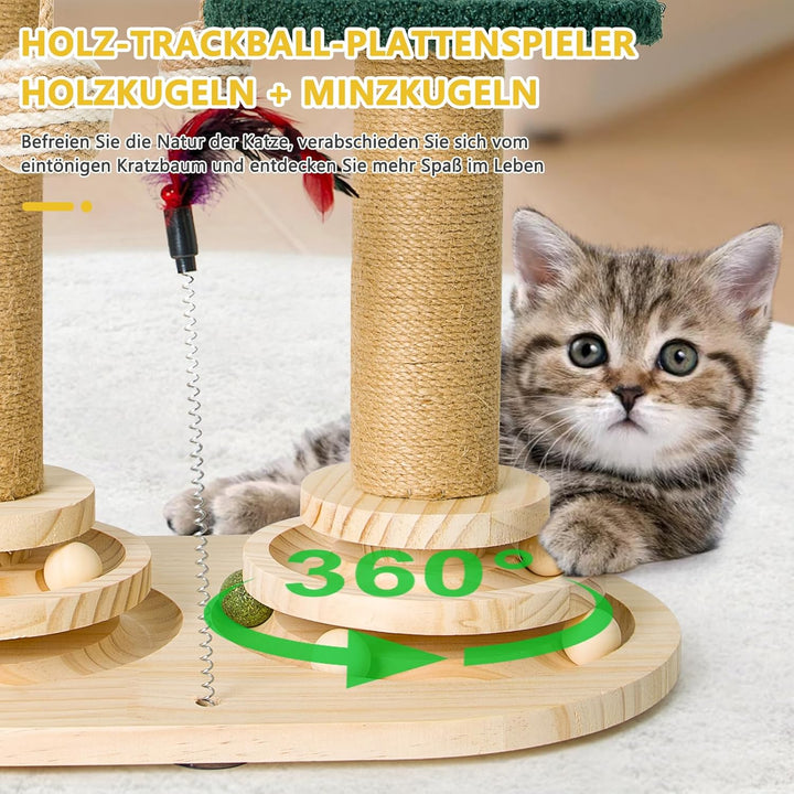 6 in 1 Interaktives Katzenspielzeug, Holz Katzenmöbel mit Hängenden Kugeln, Federn, Drehbar Smart Tr
