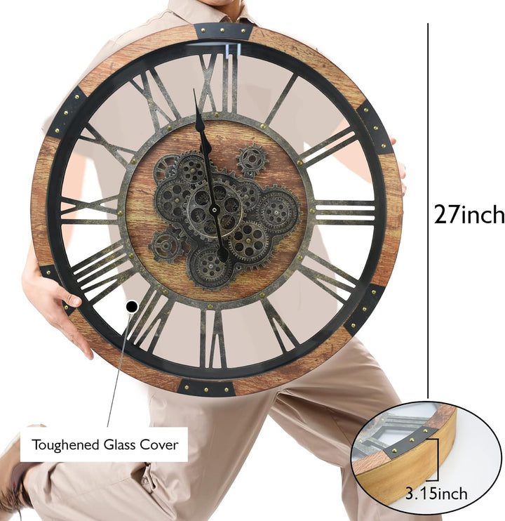 DORBOKER 68CM Grosse Vintage Wanduhr mit Beweglichen Zahnrädern, Retro Holz-Metallskelett, Gehärtete