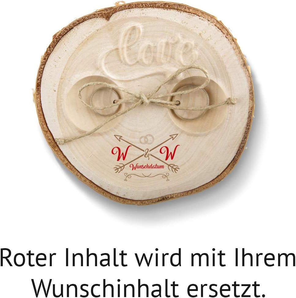 Hochzeit Ringkissen Love Birkenscheibe Gravur individuell ca. 11 cm Durchmesser - Liebespfeil, Liebe