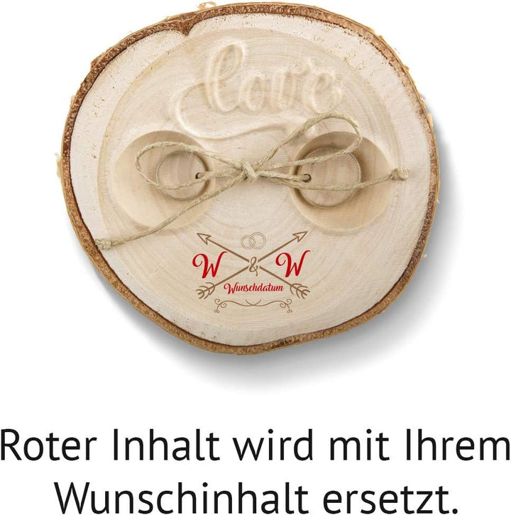 Hochzeit Ringkissen Love Birkenscheibe Gravur individuell ca. 11 cm Durchmesser - Liebespfeil, Liebe