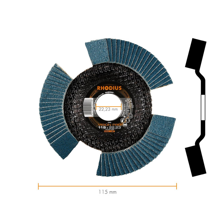 RHODIUS VISION PRO, 5 Stück Ø 115 mm K80 Fächerscheiben durchsichtig, Made in Germany, Metall Edelst