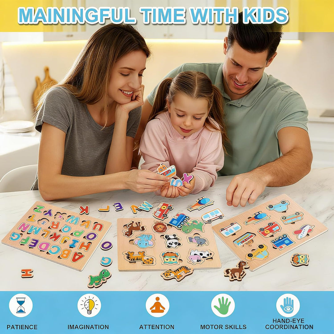 lenbest 6er Set Kinder Holzpuzzle - Montessori Spielzeug - Tier Alphabet Nummer Fahrzeuge Form Fruch
