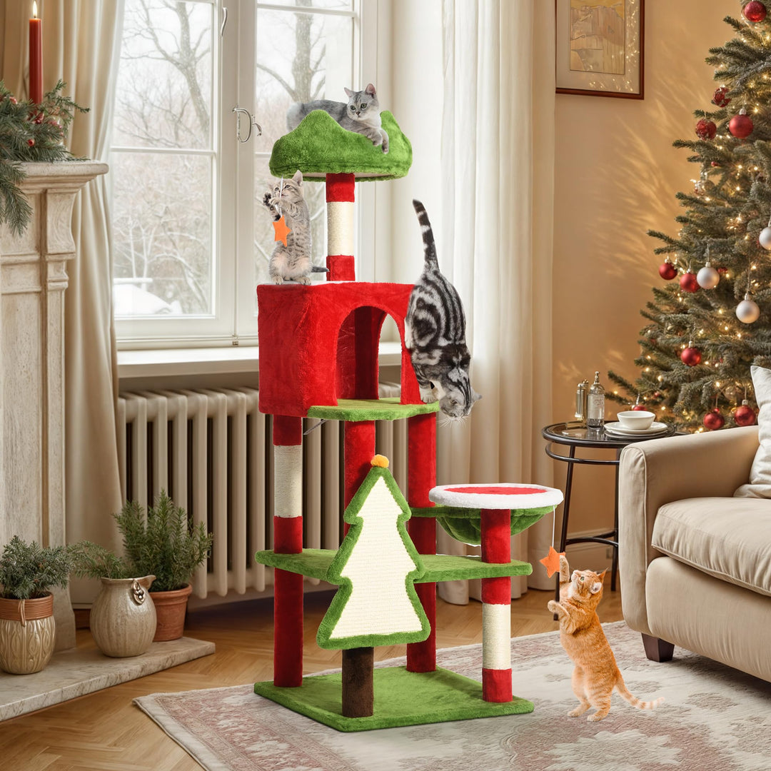 YITAHOME 137cm grosser Kratzbaumturm mit Eigentumswohnungen, oberen Sitzstangen, Hängematte, Pfosten