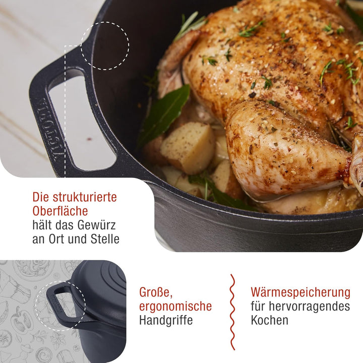 Victoria Dutch Oven Gusseisen Emailliert, Induktion 29cm, Topf Brot Backen 6,6 L, PTFE und PFOA Frei