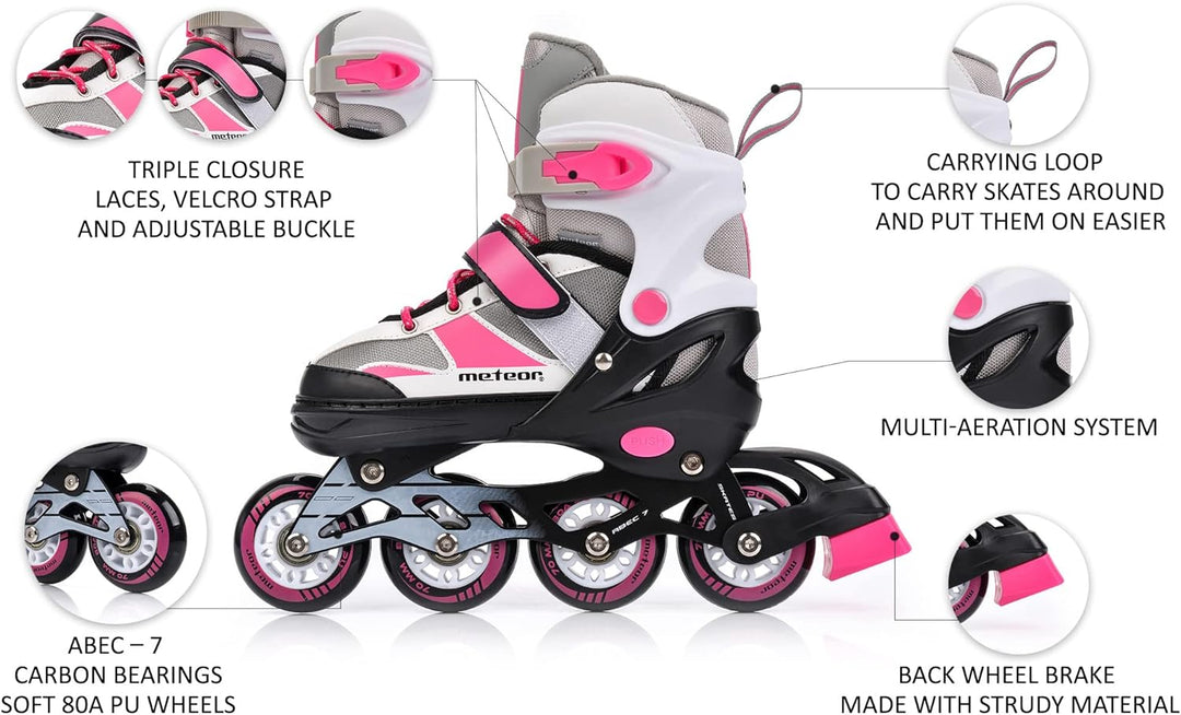 meteor Rox sichere verstellbare Kinder Inline‑Skates – Inliner für Mädchen Jungen – ABEC‑7 Carbonlag