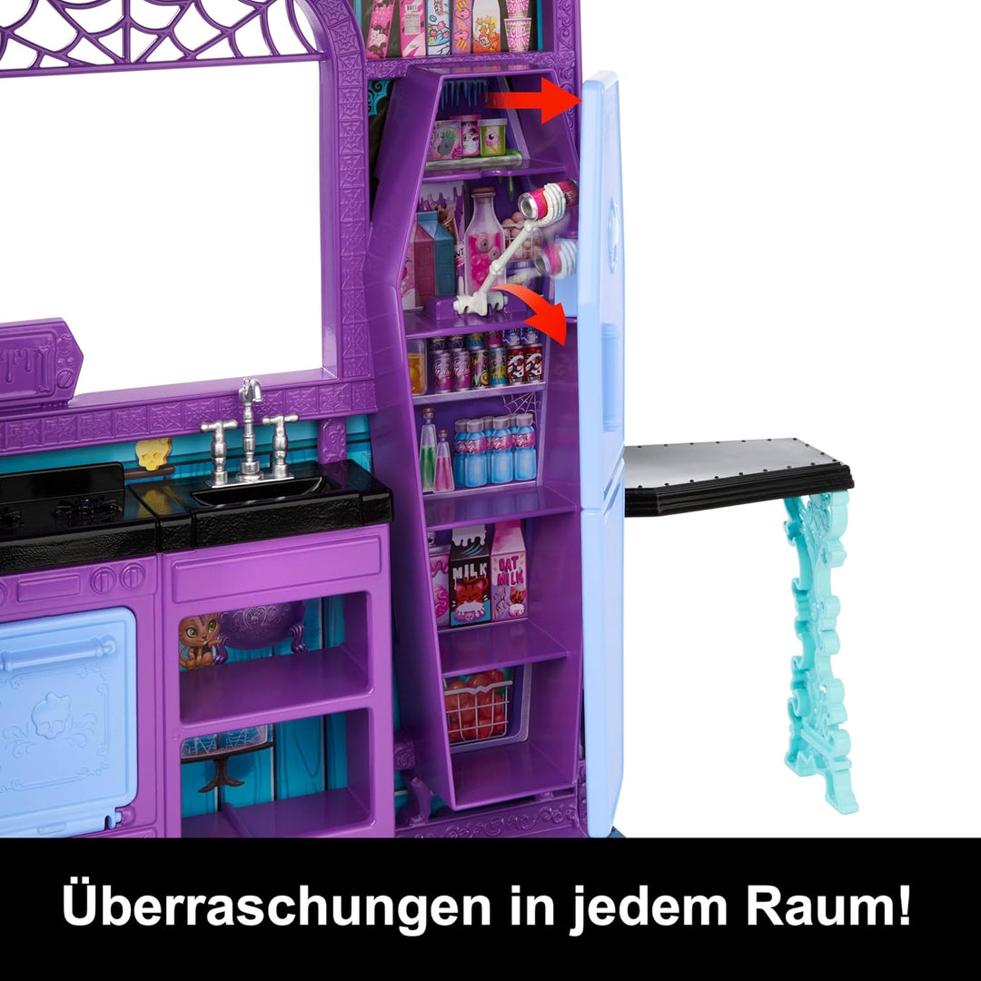 Monster High Buh-tique Hotel Puppenhaus, zusammenklappbares Spielset mit unheimlichen Überraschungen