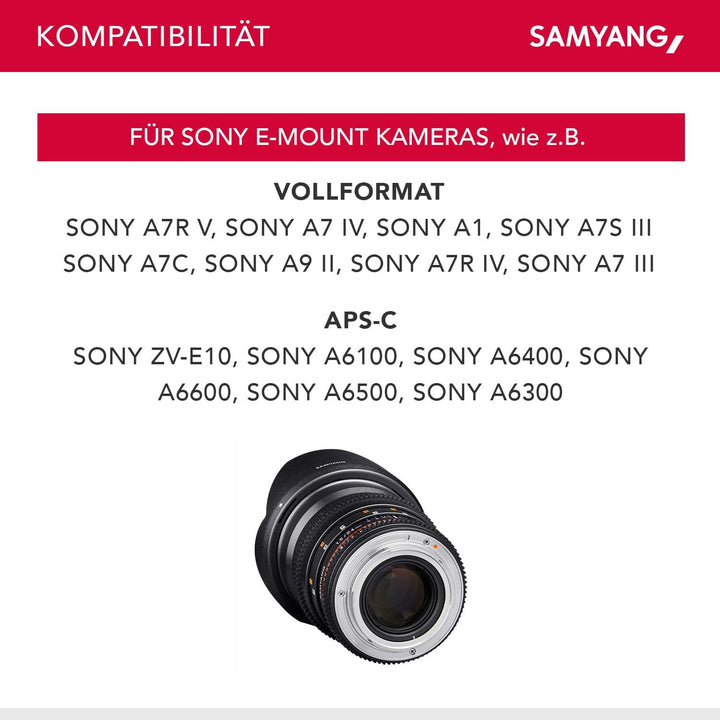 Samyang 24/1,5 Objektiv Video DSLR II Sony E manueller Fokus Videoobjektiv 0,8 Zahnkranz Gear, Weitw