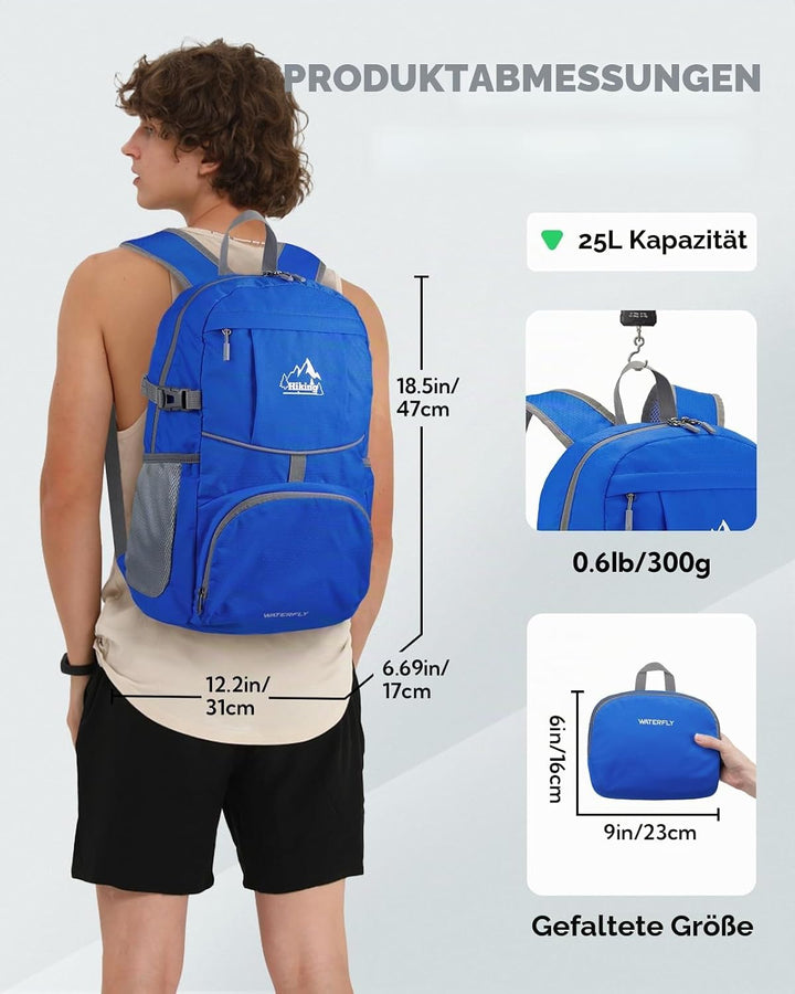 WATERFLY Faltbarer Rucksack Ultraleicht Wanderrucksack: 25L Leichter Tagesrucksack Sportlich Packabl