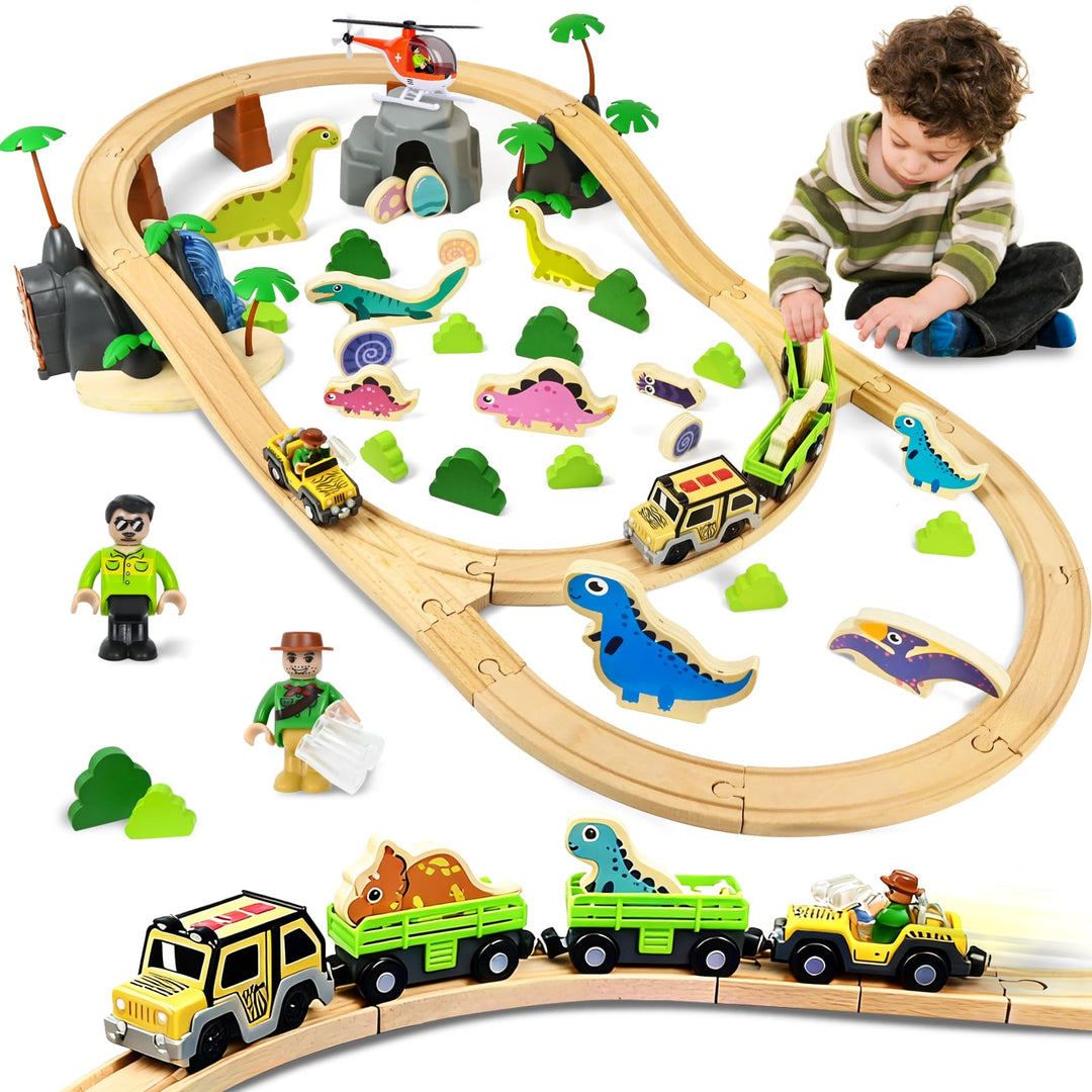 Holzeisenbahn Set, Dino Bahn Schienen mit Zug, Schnecke, Dinosaurier und Dinosaurier-Eiern, Eisenbah