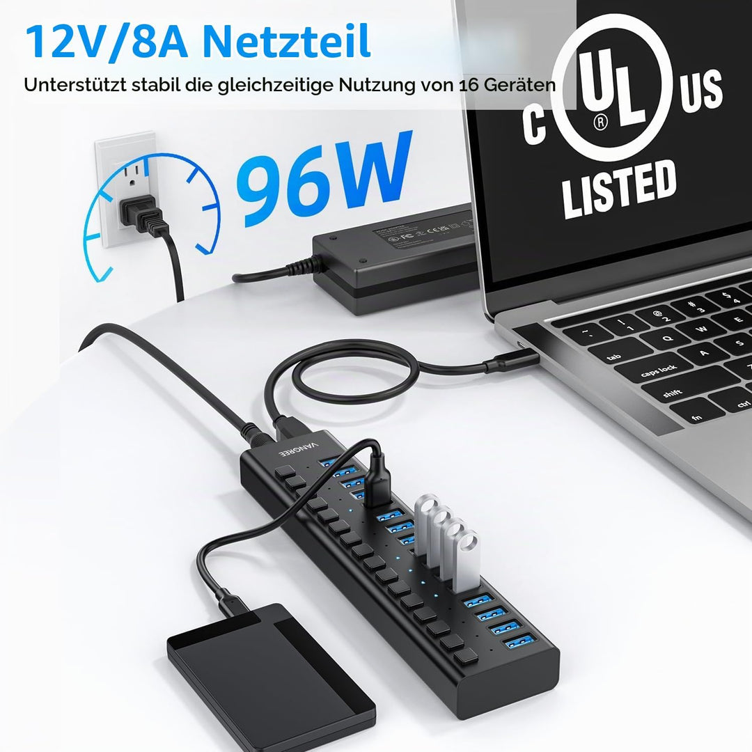 Powered USB Hub 10Gbps, 16 Ports 96W USB 3.2 Hub, Individual On/Off Switches, 12V/8A Power Adapter,