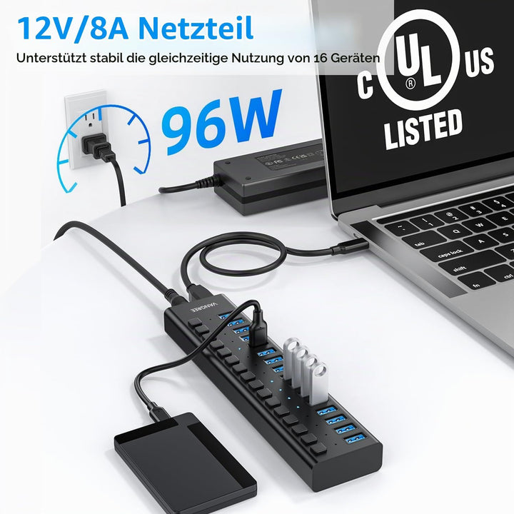 Powered USB Hub 10Gbps, 16 Ports 96W USB 3.2 Hub, Individual On/Off Switches, 12V/8A Power Adapter,