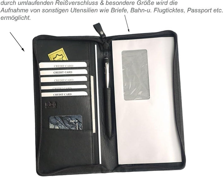 stilvoller Reise-Organizer Leder, Reisepass-Tasche Leder schwarz Reise-Passhülle, Reisemappe, Dokume