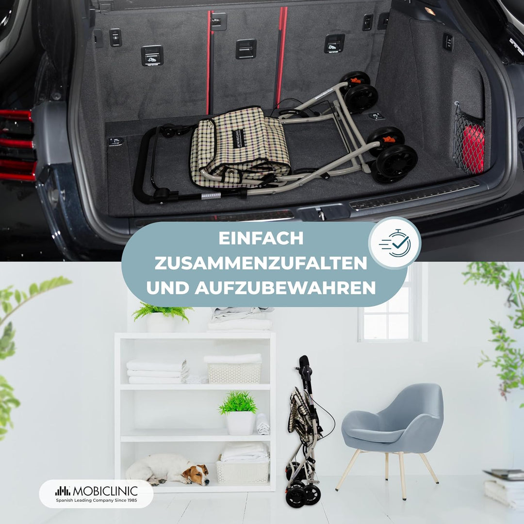 Mobiclinic®, Einkaufswagen mit Sitz, Faltbarer Rollator für Erwachsene, 21 L, Rückenlehne, 4 Räder,