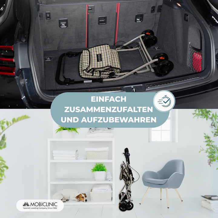 Mobiclinic®, Einkaufswagen mit Sitz, Faltbarer Rollator für Erwachsene, 21 L, Rückenlehne, 4 Räder,