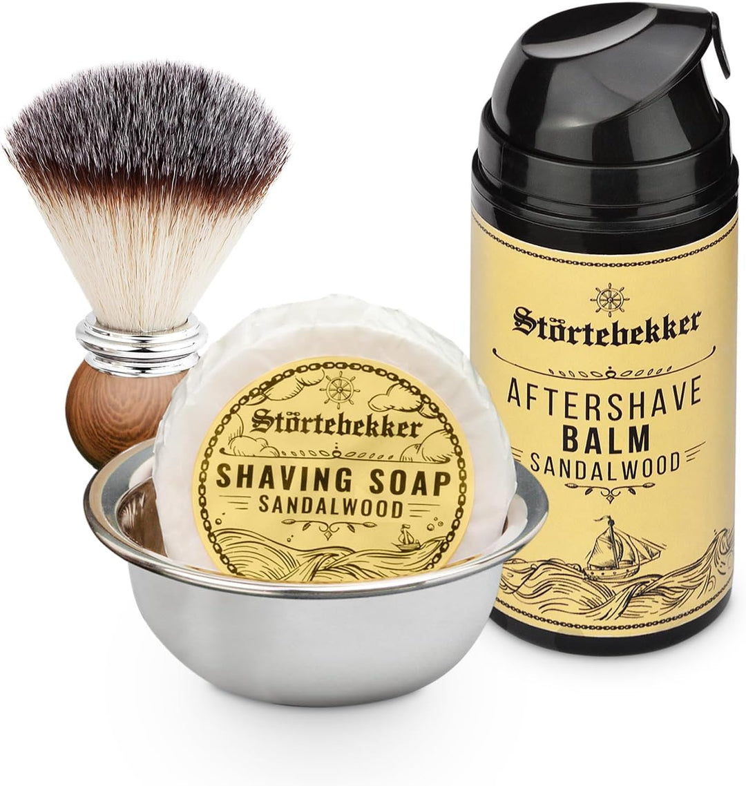 Störtebekker® Shaving Essential Set - Rasierhobel inkl. Lederetui (Café) & 10 Klingen, Rasierpinsel,