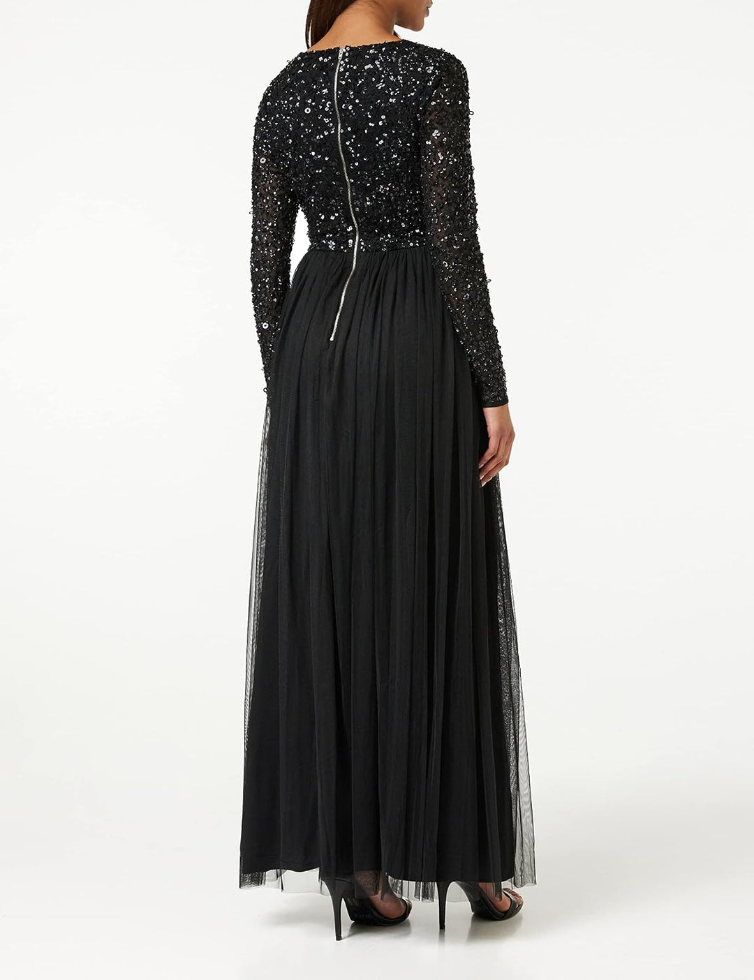 Maya Deluxe Damen Ladies Maxi Dress Women with Long Sleeves V Neckline Plunging Sequin Embellished f