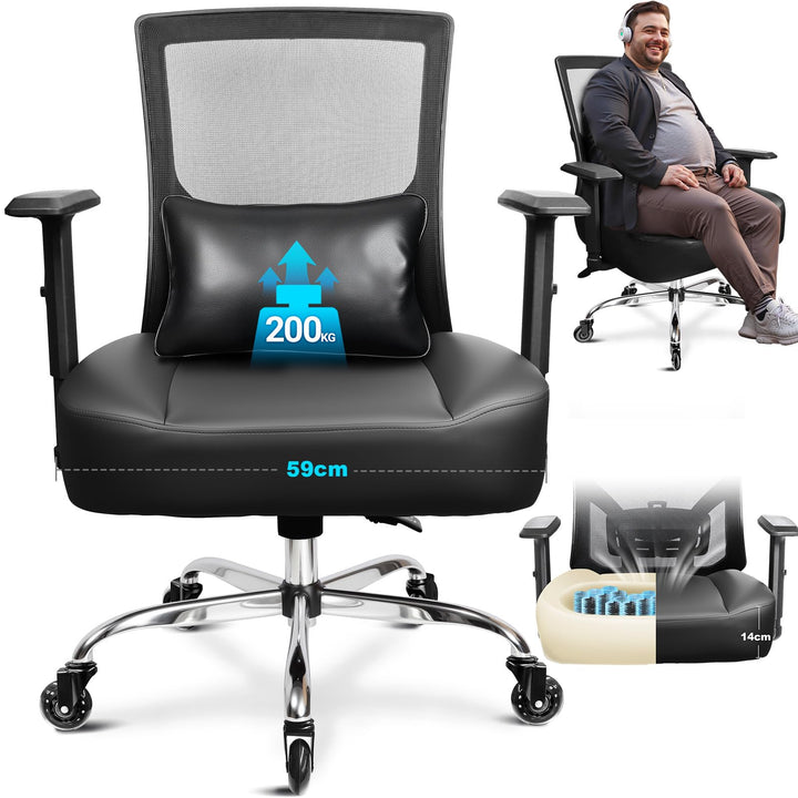 MELOKEA Bürostuhl 200KG XXL [Lendenkissen Inklusive], Schreibtischstuhl | Extrabreites &amp; Extradickes