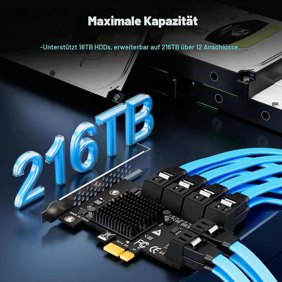 glotrends PCIe SATA Adapterkarte mit 12 Port SATA III 6Gbps (inklusive SATA Kabel und 15PIN SATA Spl