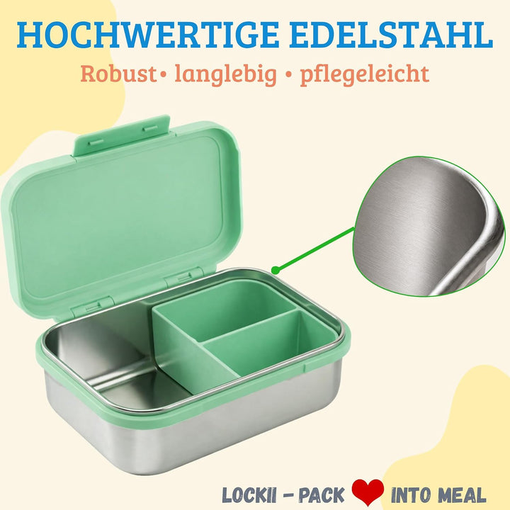 Kinder Brotdose Edelstahl 1000 ml mit Snackbox – Lunchbox mit Fächern, Edelstahl-Boden und BPA-freie