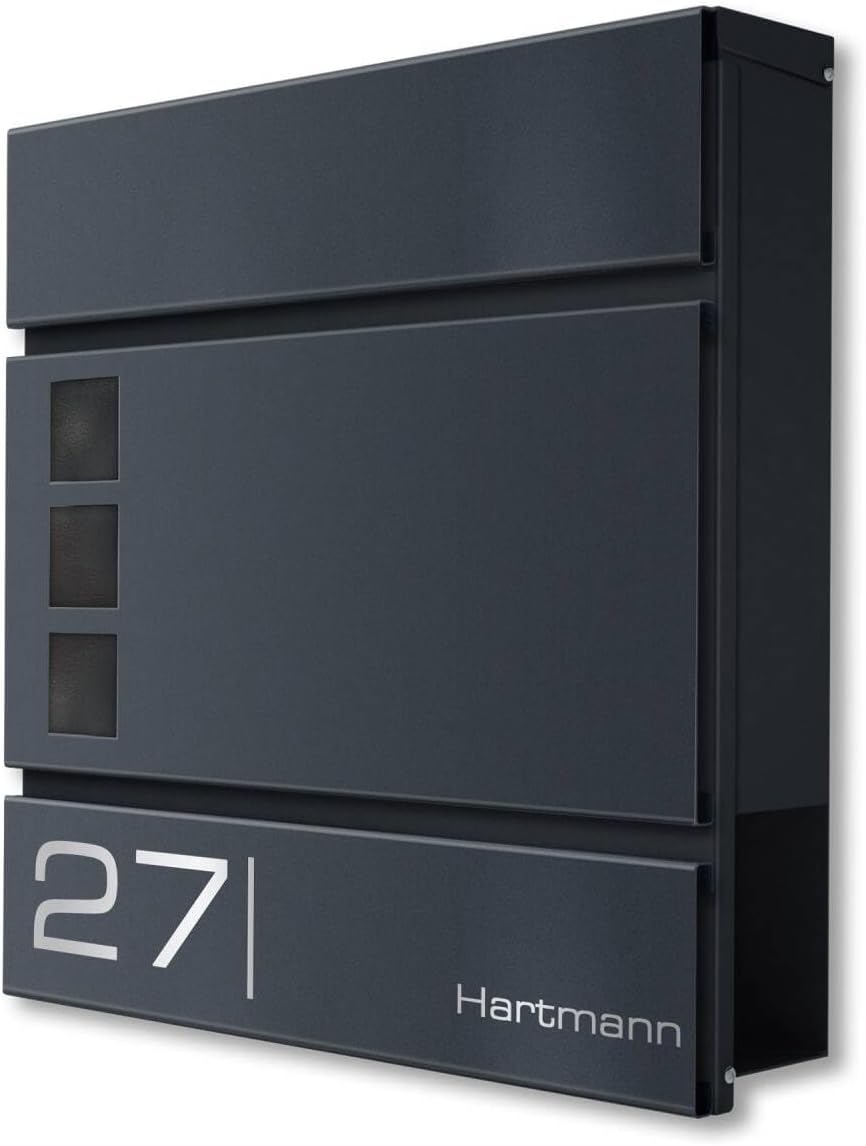 Metzler Briefkasten in Anthrazit RAL 7016 Cube - Name & Hausnummer als Lasergravur - Design Wandbrie