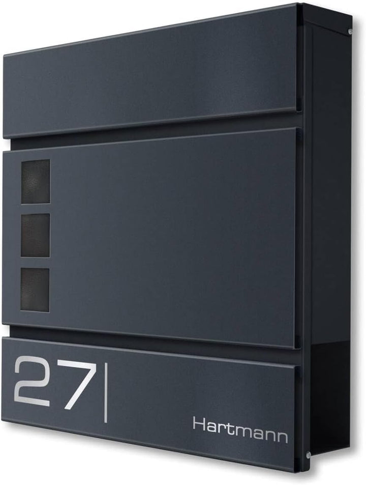 Metzler Briefkasten in Anthrazit RAL 7016 Cube - Name & Hausnummer als Lasergravur - Design Wandbrie