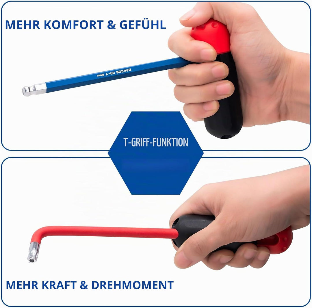 DAKCOS 18 tlg Torx Innensechskantschlüssel mit Griff TX &amp; HX Winkelschlüssel | T10-T50 &amp; 1,5mm-10mm