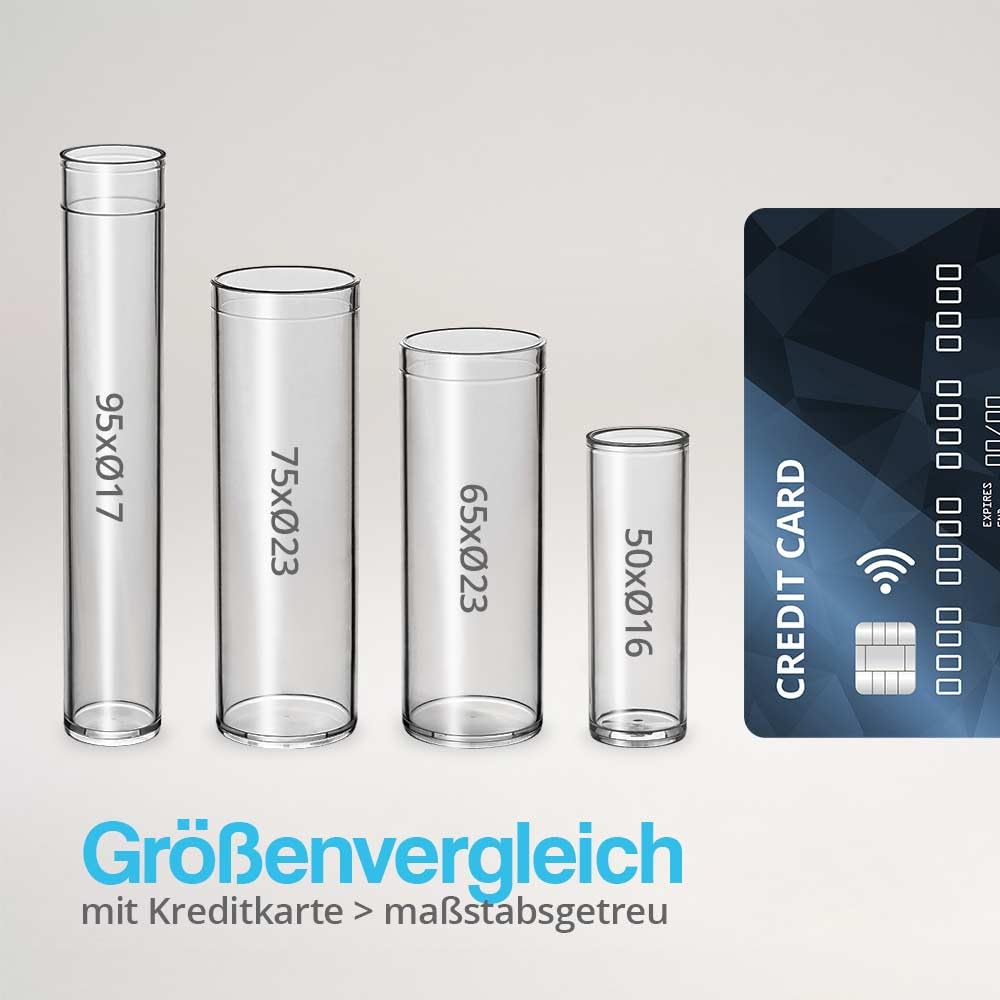 Tuuters 100x Kunststoff Reagenzgläser mit Korken, Kunststoffröhrchen (75 x Ø23, Naturkorken hellbrau