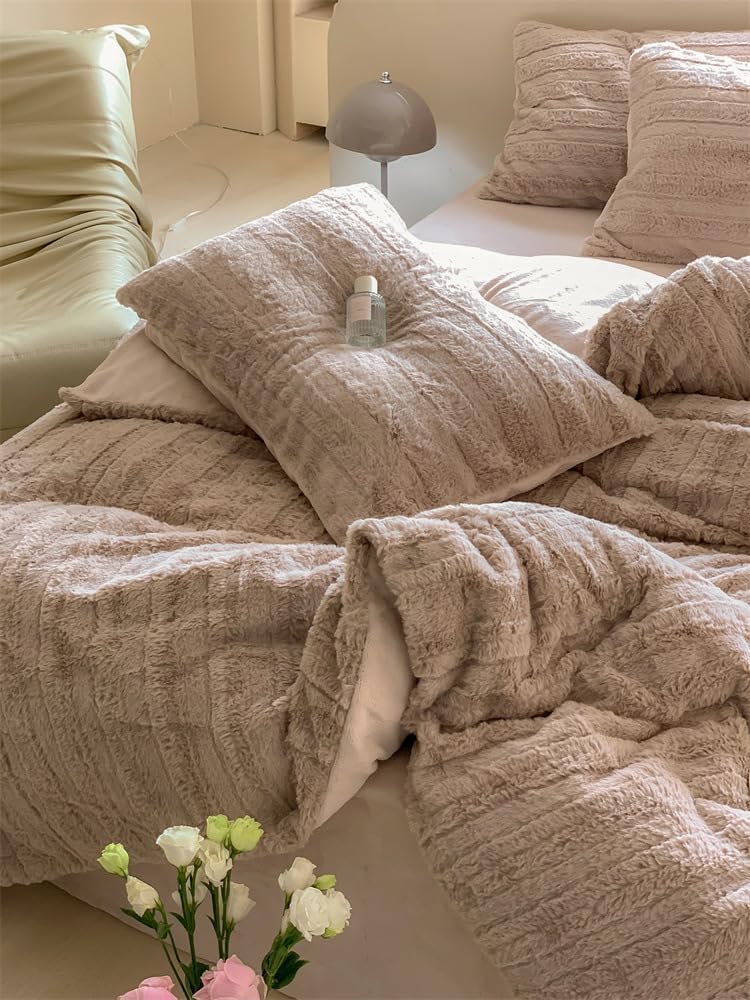 Plüsch Bettwäsche 135x200 4teilig Braun Winter Warme Flauschig Cashmere Touch Bettbezug Teddy Fleece