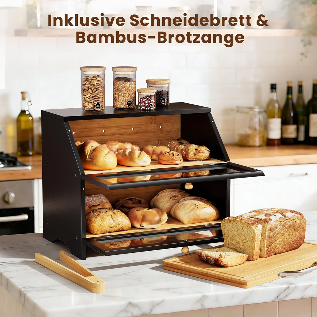 Pamapic Brotkasten Bambus, Brotkorb mit Schneidebrett, 2 Etagen Brotbox mit Brotzange, Brotaufbewahr