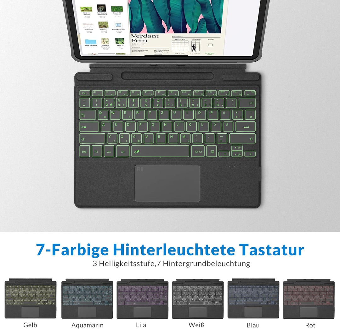 Rii Surface Tastatur für Pro 9/8/X, Bluetooth 5.2 Mit Touchpad Und 7-Farbiger Hintergrundbeleuchtung