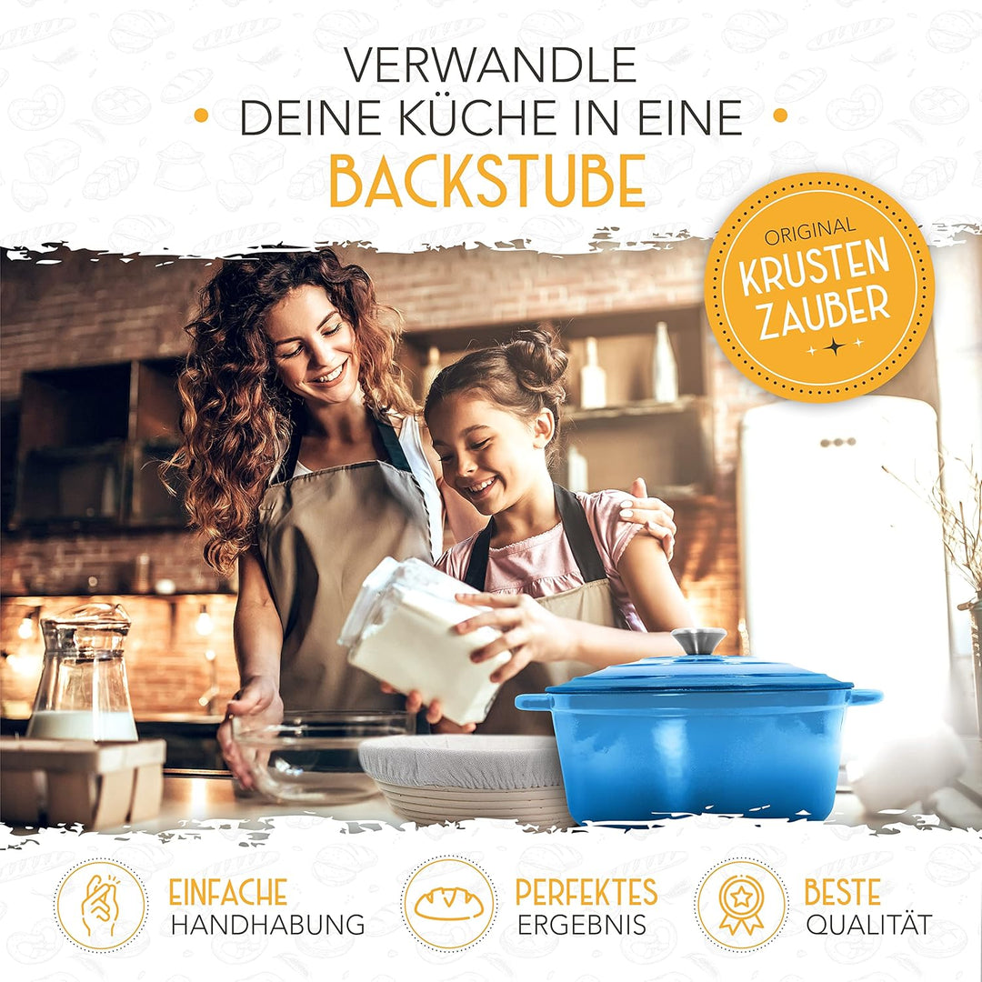 KRUSTENZAUBER Gusseisen Topf Brot Backen [inkl. Gärkorb] - Hochwertiger Emaille Topf 26cm - Idealer