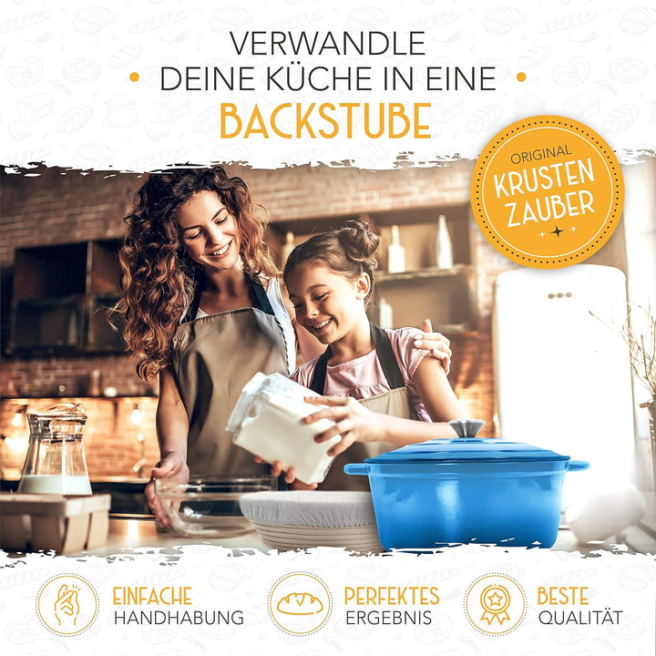 KRUSTENZAUBER Gusseisen Topf Brot Backen [inkl. Gärkorb] - Hochwertiger Emaille Topf 26cm - Idealer